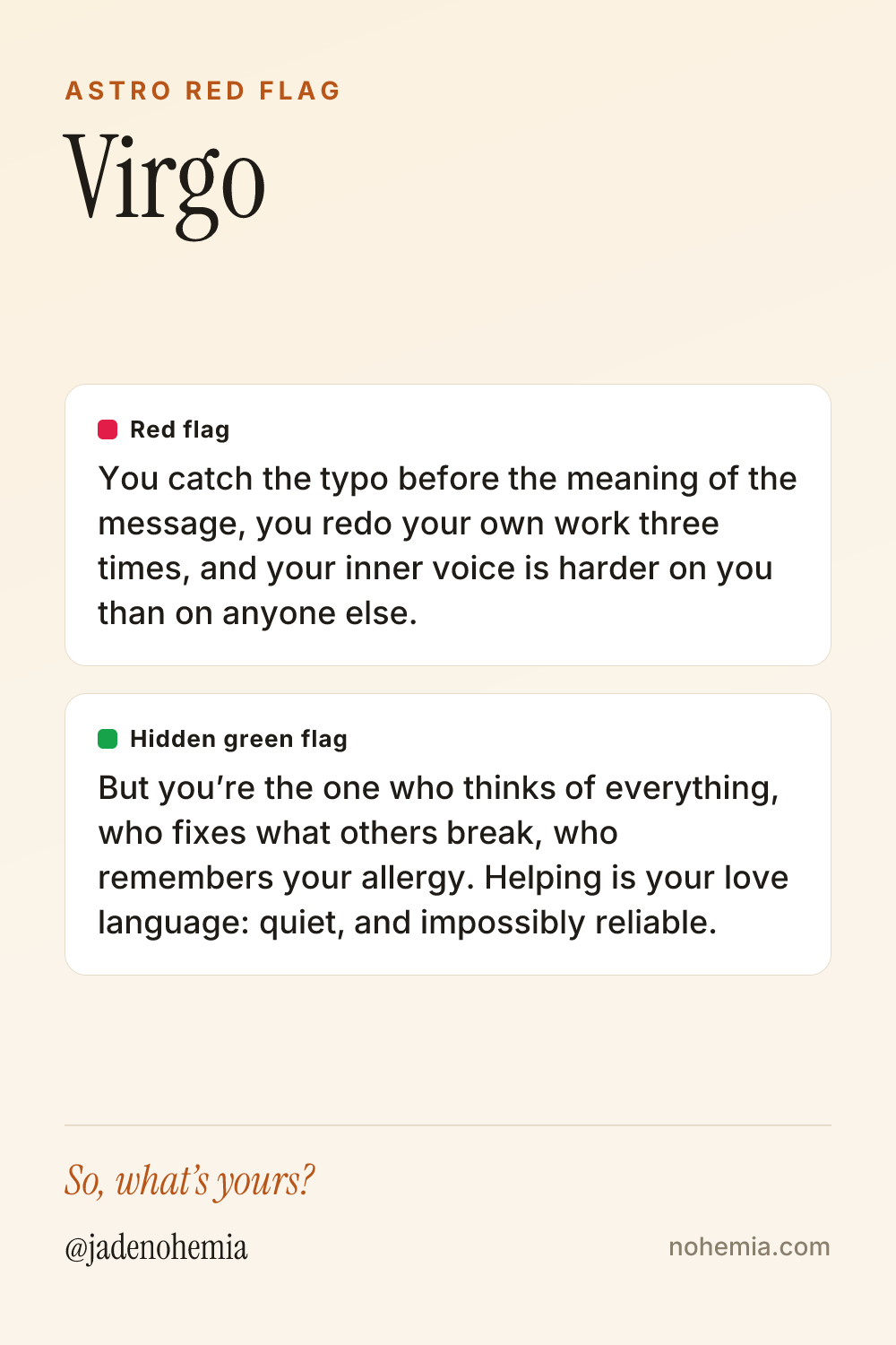 Red flag and green flag card for the sign Virgo, by Jade Nohemia on Nohemia