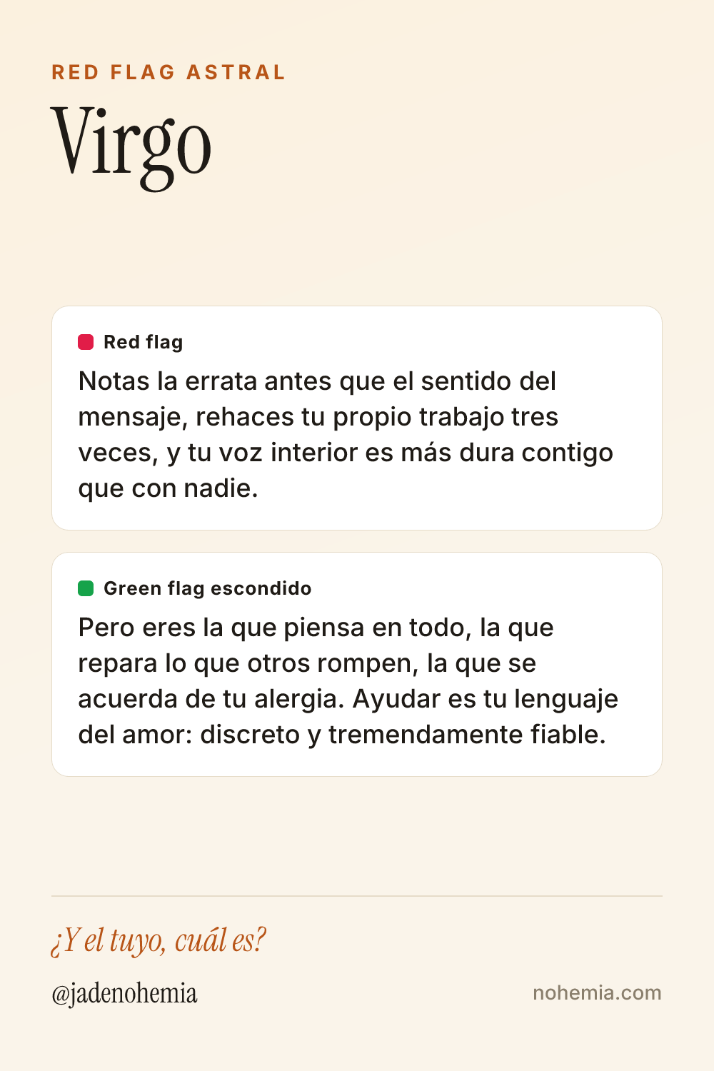 Card con el red flag y el green flag del signo Virgo, por Jade Nohemia en Nohemia