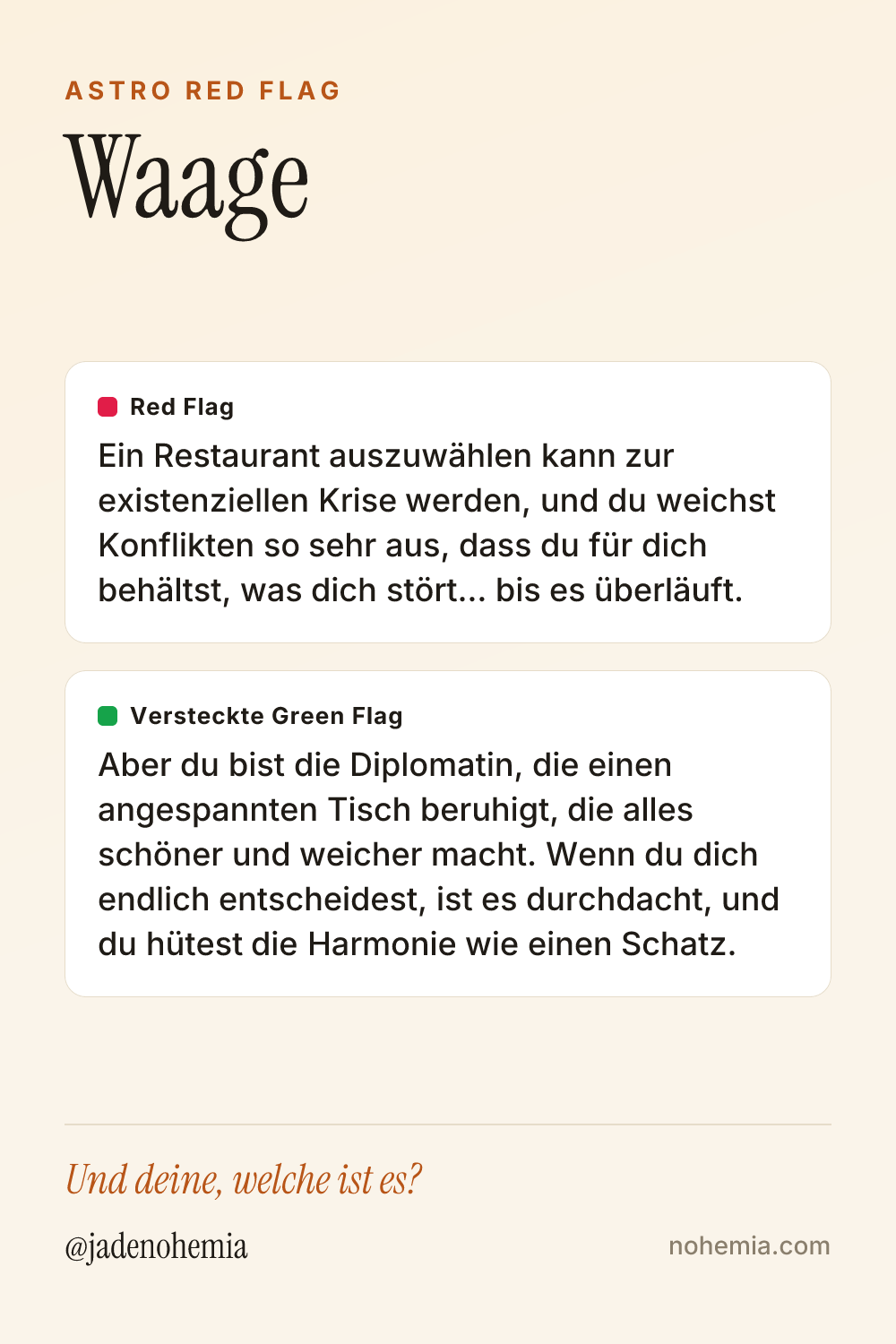 Card mit Red Flag und Green Flag für das Sternzeichen Waage, von Jade Nohemia auf Nohemia