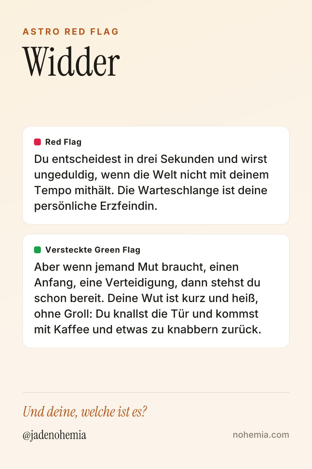 Card mit Red Flag und Green Flag für das Sternzeichen Widder, von Jade Nohemia auf Nohemia