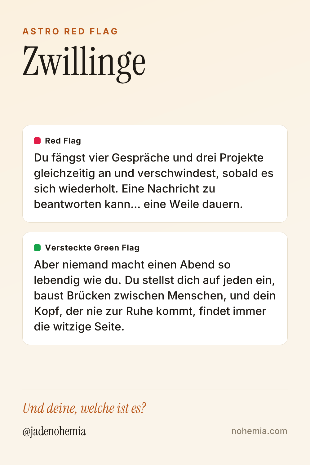 Card mit Red Flag und Green Flag für das Sternzeichen Zwillinge, von Jade Nohemia auf Nohemia